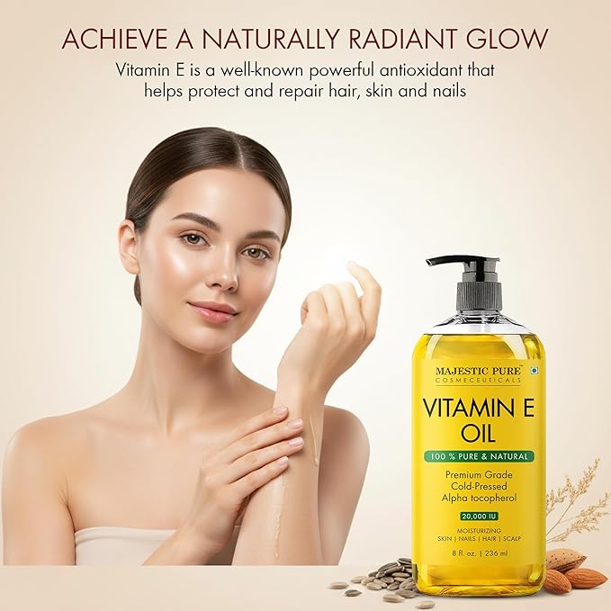 Majestic Pure Vitamin E Oil 8 Fl Oz - 100% Pure and Natural- Cold Pressed & Hexane Free Natural Hair Growth Oil for Eyelashes, Eyebrows, Skin, Body, Face, Nails & Scalp (Pack of 2)