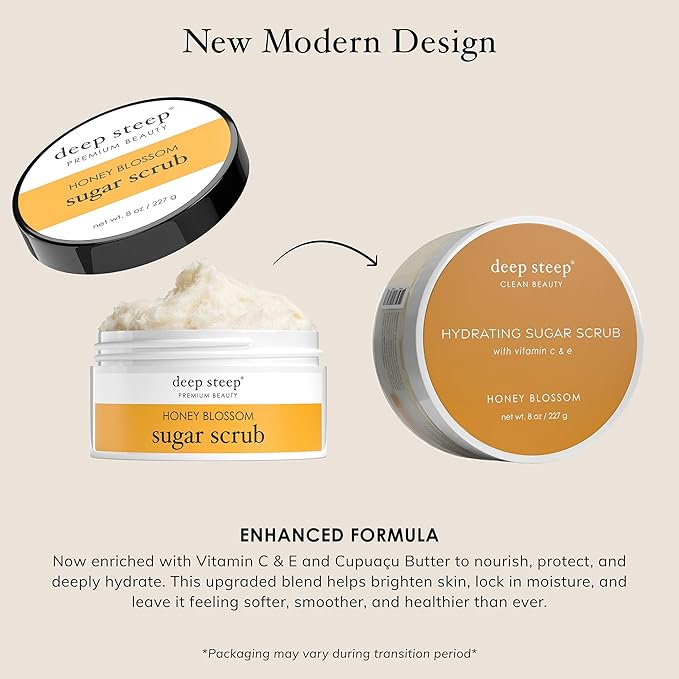 Deep Steep Sugar Scrub, Honey Blossom, 8 oz – Exfoliating Body Scrub with Organic Coconut Oil, Shea Butter & Argan Oil – Vegan, Clean Beauty, Smooth, Soft & Nourished Skin
