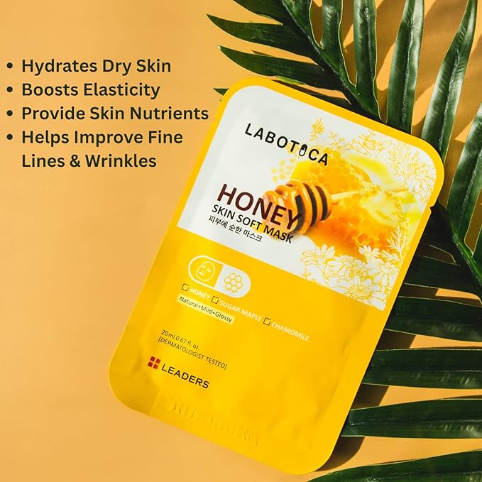 LABOTICA Honey Skin Soft Mask - Deep Hydration Elasticity Boost & Collagen Synthesis for Youthful Skin - Ideal for Dry Skin, Fine Lines, and Acne Care Korean Skincare (10 Sheets)