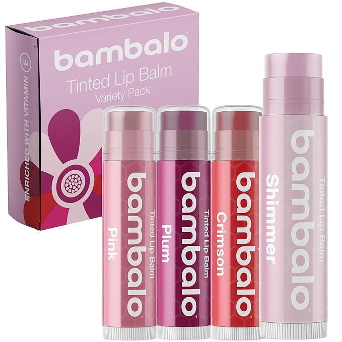Tinted Lip Balm Variety - Bambalo 4-Pack Moisturizing Hydration Care - Assorted Shades - Natural Organic Formula - Lightweight Smooth Tint - Made in USA