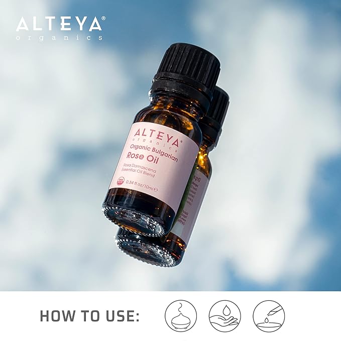 Alteya USDA Organic Bulgarian Rose Oil Rosa Damascena Otto Multi-Use Essential Oil Blend Excellent for Aromatherapy, Fragrance, Skincare and Massage Therapy 10mL