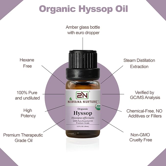 Hyssop Essential Oil, USDA Certified Organic, 100% Pure Undiluted, Aromatherapy Oil for Diffuser, Hair & Skin Care