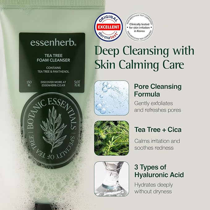 Tea Tree Foam Cleanser – Gentle Daily Face Wash for Acne-Prone & Sensitive Skin, Helps Soothe Redness and Hydrate, Formulated with Tea Tree and Cica, Korean Skin Care (5.07 fl oz)