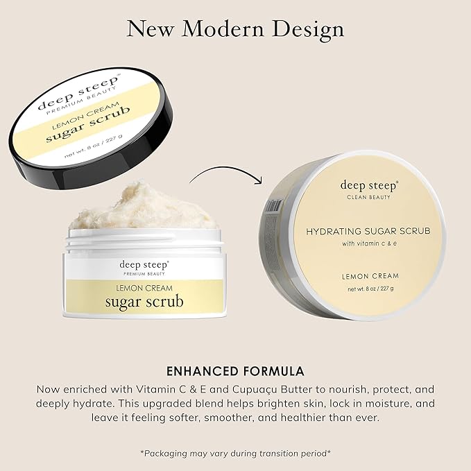 Deep Steep Sugar Scrub, Lemon Cream, 8 oz – Exfoliating Body Scrub with Organic Coconut Oil, Shea Butter & Argan Oil – Vegan, Clean Beauty, Smooth, Soft & Nourished Skin