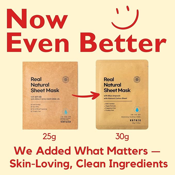 varuza] Real Natural Sheet Mask – EWG VERIFIED, Vegan Face Mask for Hydration, Non-GMO, No Artificial Fragrance, Made in Korea (5 PACK, BLUE AMPOULE)