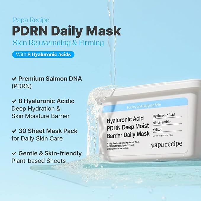Papa Recipe Hyaluronic Acid PDRN Deep Moist Barrier Daily Mask (30 Sheets) - Korean Skin Revitalizing Facial Masks, Anti-aging - Soothing, Calming & Hydrating Face Skin, Sensitive Skin-friendly
