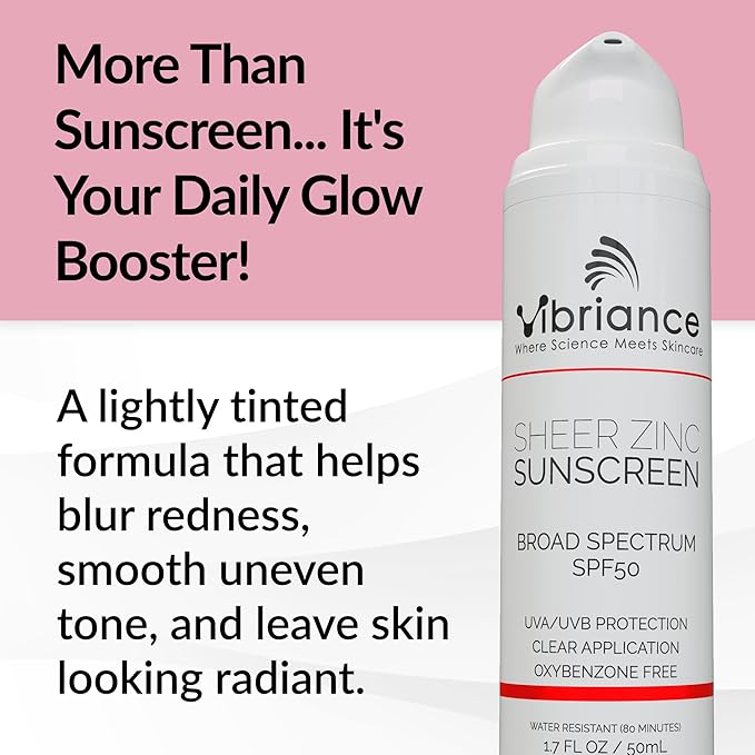 Vibriance Sheer Zinc Sunscreen - Tinted Sunscreen for Face SPF 50, Lightweight Facial Moisturizer with Niacinamide, Hyaluronic Acid - 1.7 fl oz