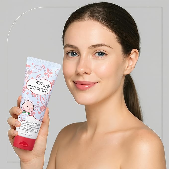 esfolio Hyaluronic Acid with Peach Cleansing Foam Face Wash – Moisturizing Facial Cleanser – Gently Removes Dirt, Oil & Impurities – Soft Creamy Foam with Hydrating Formula (5.29oz -150g)