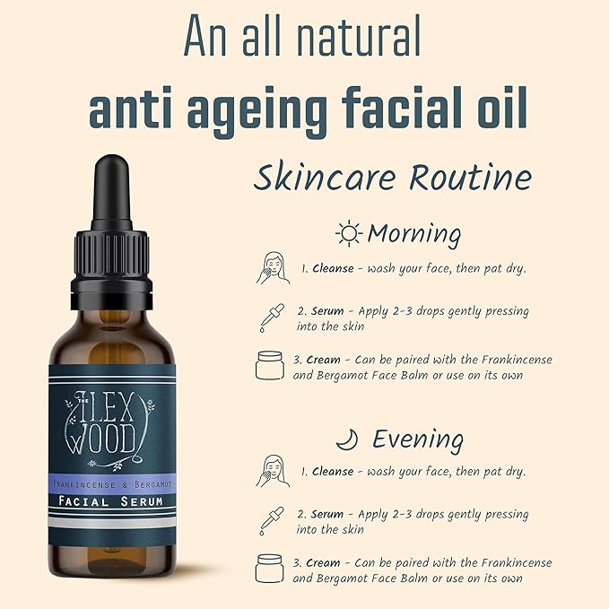 The Ilex Wood - Frankincense and Bergamot Facial Serum - 100% Natural, Vegan, Moisturising for both Men & Women, Cruelty Free, Anti Ageing, Wrinkle and Line Reducing Ingredients - 20ml (0.68 fl oz)