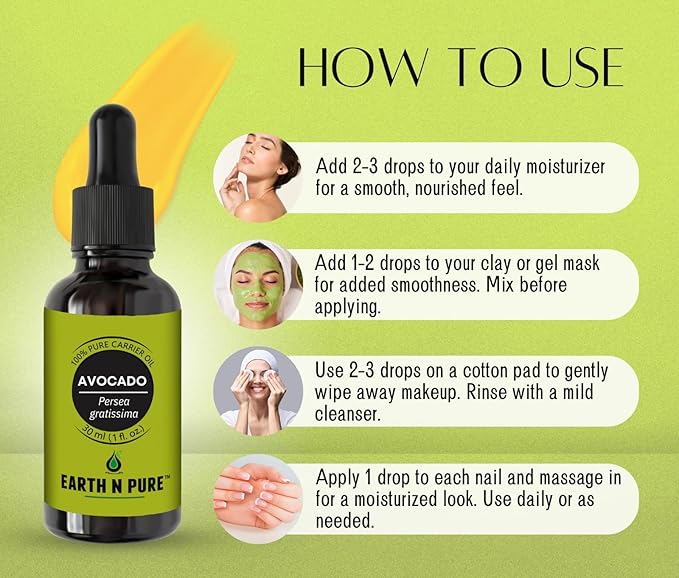 Earth N Pure Avocado Oil Cold Pressed, Natural and Therapeutic Grade for Hair and Skin - 100 ml