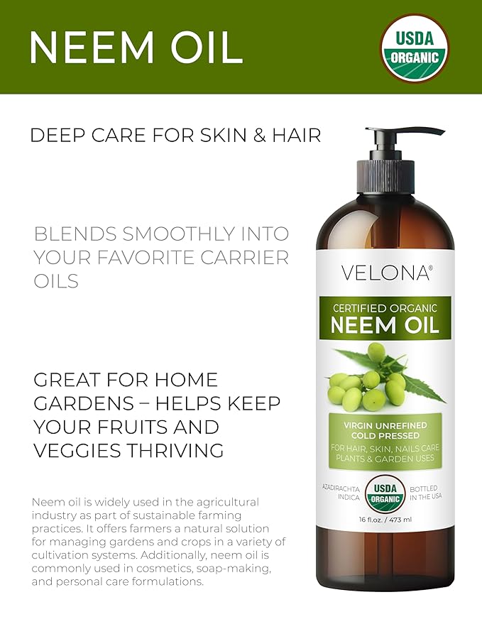 velona Neem Oil USDA Certified Organic - 32 Fl Oz | 100% Pure and Natural Carrier Oil | Virgin, Unrefined, Cold Pressed | Hair, Body and Skin Care | Use Today - Enjoy Results