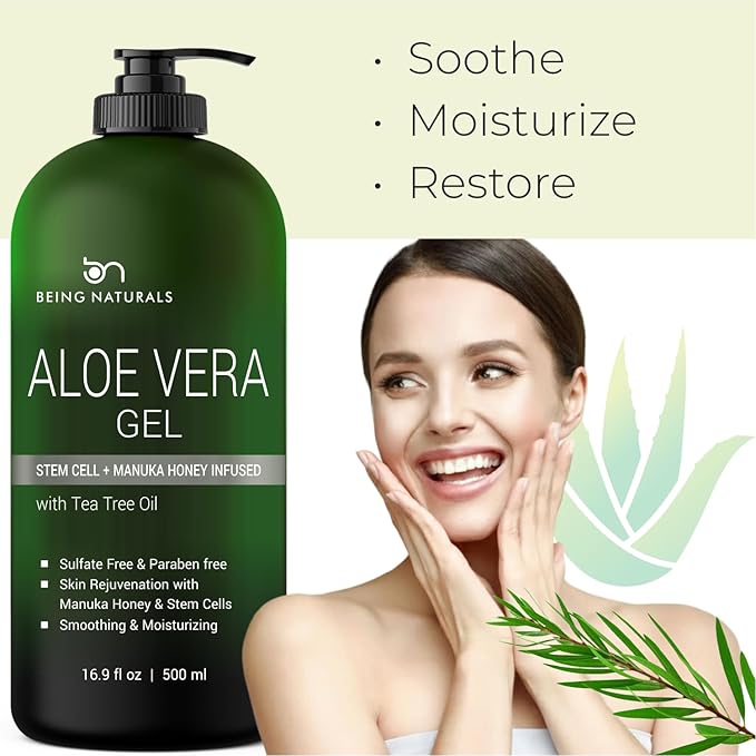 Aloe vera Gel - from 100% Pure Organic Aloe Infused with Manuka Honey, Stem Cell, Tea Tree Oil - Natural Raw Moisturizer for Face, Body, Hair. Perfect for Sunburn, Acne, Razor Bumps 16.9 fl oz