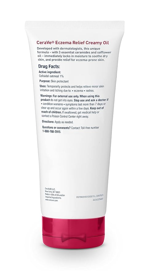 CeraVe Eczema Relief Creamy Body Oil, Eczema Calming Cream With Colloidal Oatmeal & Safflower Oil For Dry Skin & Itchy Skin Relief, Steroid Free & Paraben Free, 3.4 Ounce