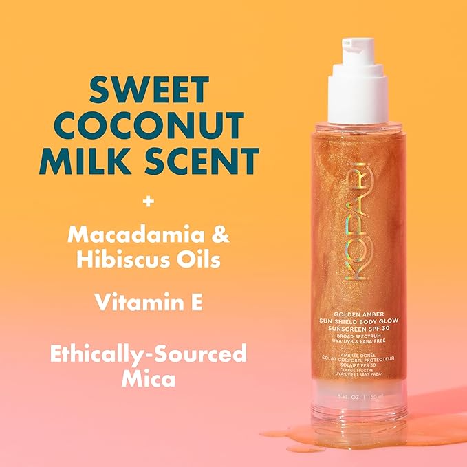 Kopari Sun Shield Body Glow, Broad Spectrum SPF 30, Lightweight Shimmering Gel Texture Absorbs Quickly, Non Sticky, Glowing Results, Golden Amber 5 oz