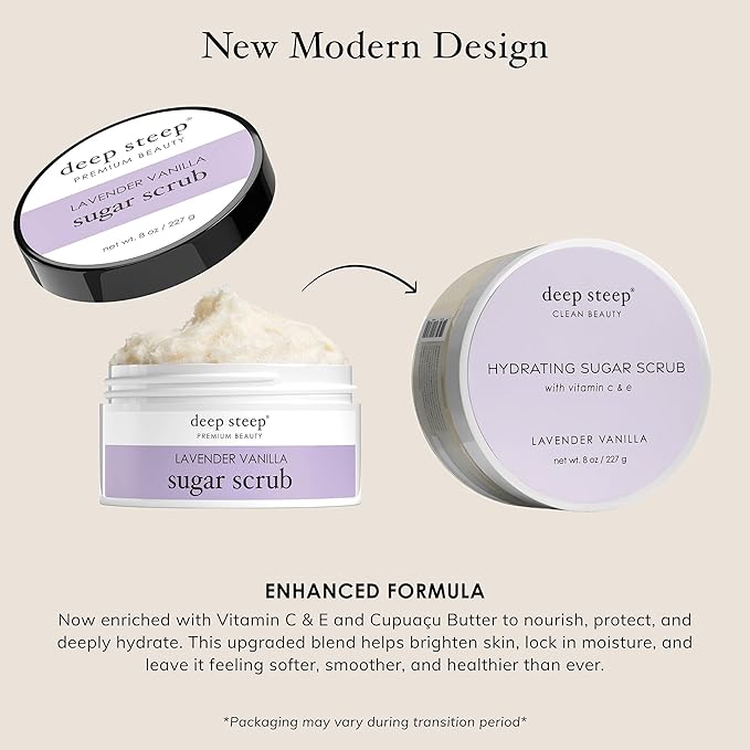 Deep Steep Sugar Scrub, Lavender Vanilla, 8 oz – Exfoliating Body Scrub with Organic Coconut Oil, Shea Butter & Argan Oil – Vegan, Clean Beauty, Smooth, Soft & Nourished Skin