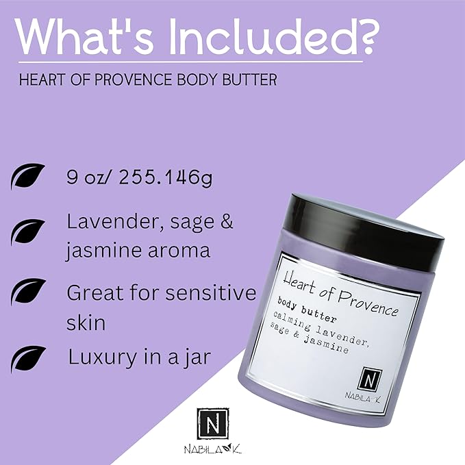 Nabila K Body Butter - Daily Moisturizer for Body Care - Skin Hydrating Deep Moisturizing - Natural Ingredients - Heart of Provence - 9 oz