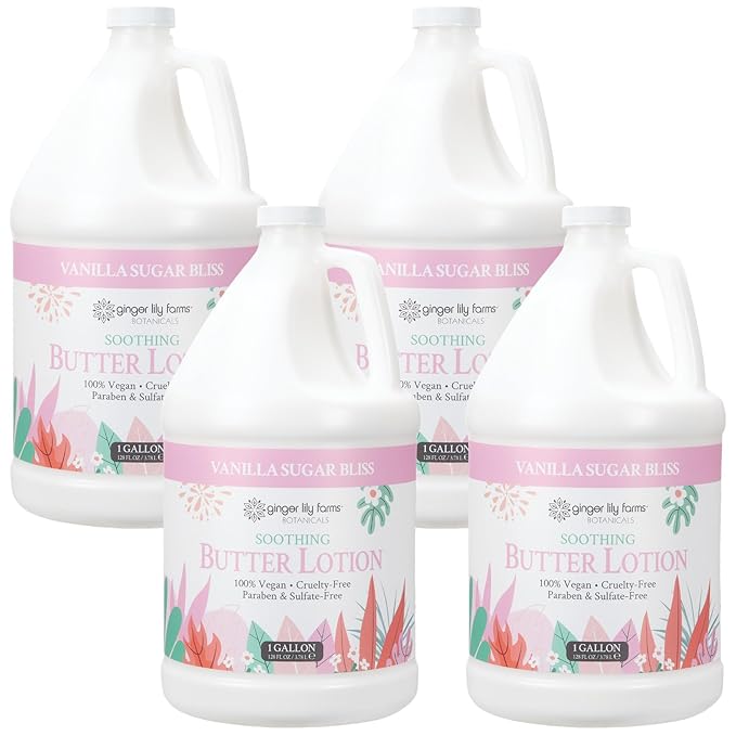 Ginger Lily Farms Botanicals Soothing Butter Lotion for Dry Skin, 100% Vegan & Cruelty-Free, Vanilla Sugar Bliss Scent, 1 Gallon (Pack of 4)