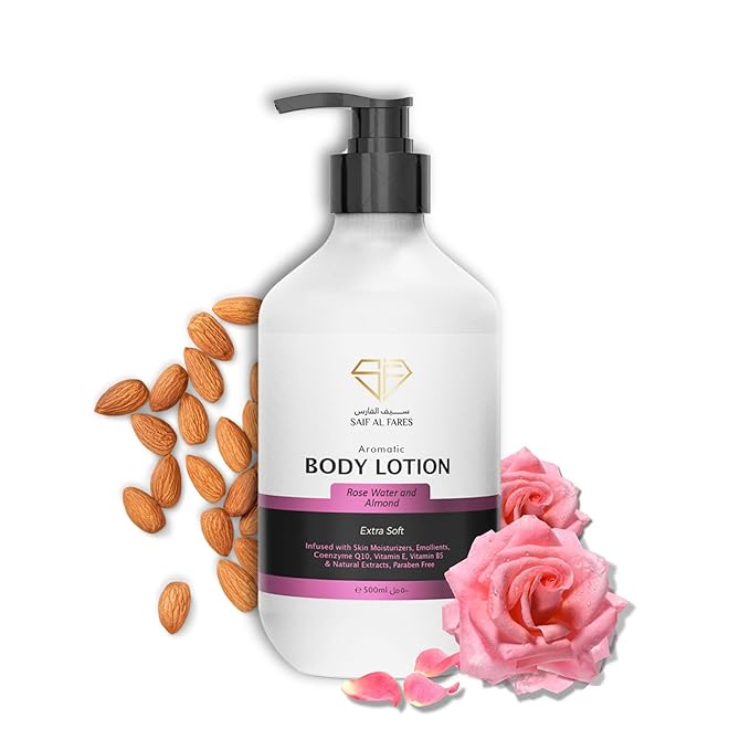 Saif Al Fares Rose Water & Almond Body Lotion – Moisturizing Hydrating Lotion for Dry Skin – Daily Moisturizer with Vitamin E & B5 Natural Skin Care Body Moisturizer Lotion for Women & Men, 500ml Pump