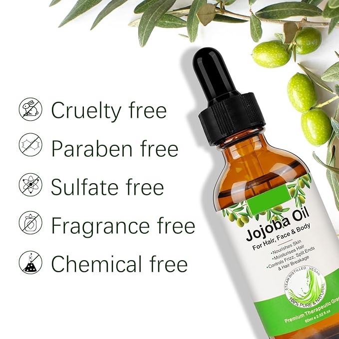 Organic Jojoba Oil 60ml, 100% Pure & Natural Jojoba Oil for Hair, Face, Body & Nails, Moisturize Skin & Helps Fight Acne, Jojoba Oil Organic Cold Pressed Unrefined.(1Pack-2.02fl.oz)