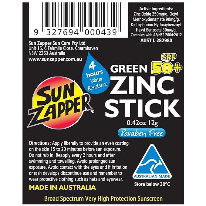 Sun Zapper Zinc Oxide Sunscreen Stick SPF 50+ Green – Colored Mineral Sunscreen Stick for Face, Water Resistant Sunblock for Kids and Adults, Broad Spectrum, Travel Size 12g (0.42 oz), Australian Made