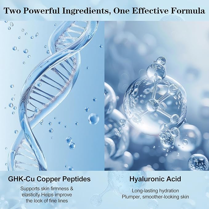 GHK-Cu Copper Peptide Facial Serum with Hyaluronic Acid, Lightweight Deep Hydration Face Serum, Smooth & Plumping Feel