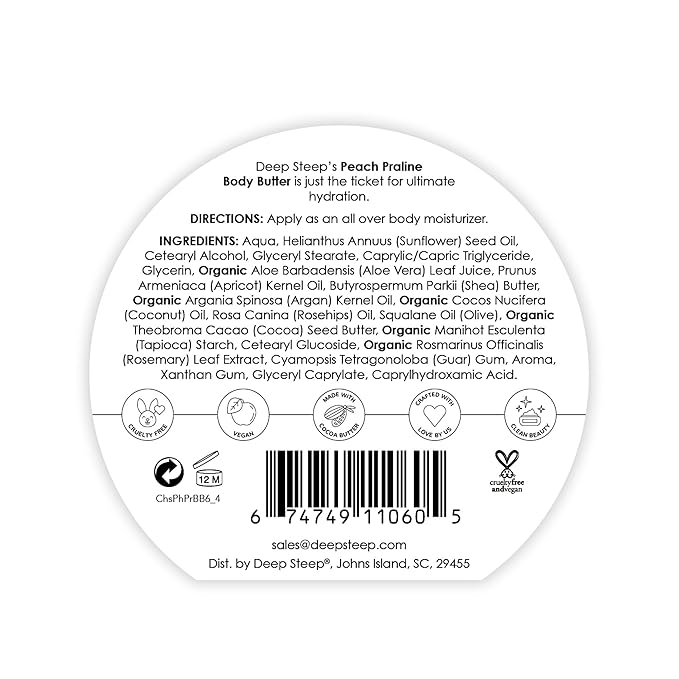 Deep Steep Body Butter, 6 oz – Rich Moisturizer with Ceramides, Coconut Oil, Argan Oil & Aloe Vera – Vegan, Clean Beauty, Smooth & Hydrated Skin (6 Ounces, Peach Praline)