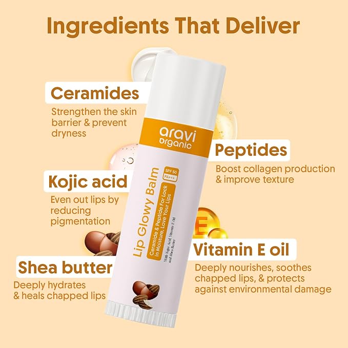 Aravi Organic Lip Glowy Balm With SPF 50 PA+++ & Kojic Acid - Ceramide & Peptide - 0.1 FL Oz / 5gm