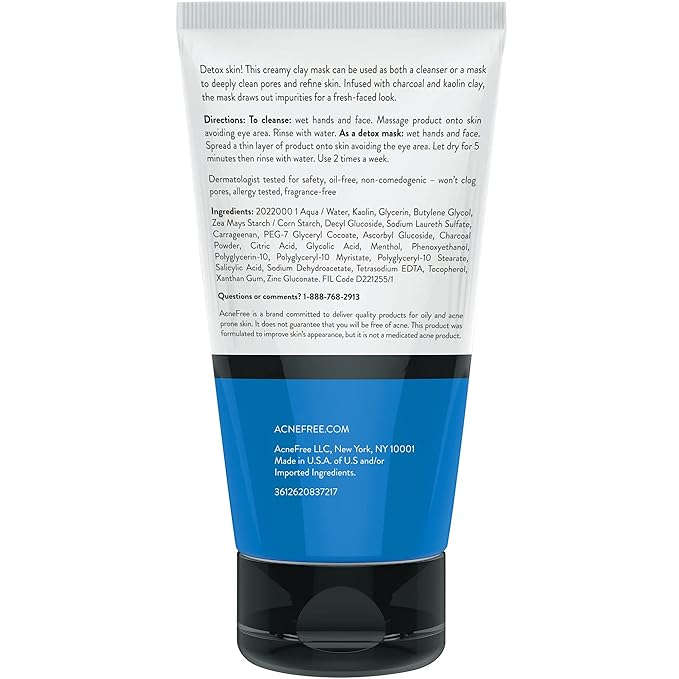 Acne Free Kaolin Clay Detox Mask 5oz with Charcoal, Kaolin Clay, Vitamin E + Zinc, Cleanser or Mask for Oily Skin, To Deeply Clean Pores and Refine Skin