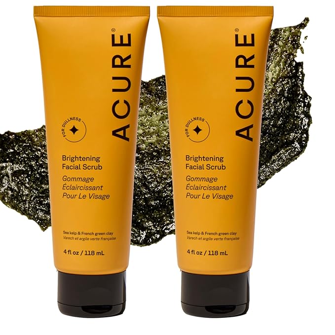 Acure Brightening Facial Scrub - Exfoliating Face Wash, Gentle Daily Scrubber & Exfoliator for Women & Men for Radiant Skin, Cleansing Wash with Sea Kelp & French Green Clay - 4 fl oz (2 Pack)