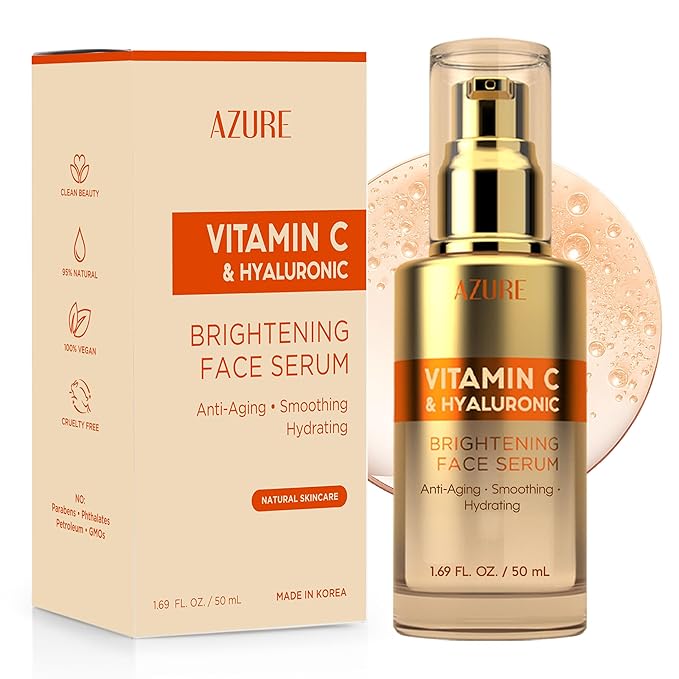 Azure Cosmetics Vitamin C Serum For Face - Dermatologist Tested, Anti-Aging with Hyaluronic Acid for Dark Spots, Fine Lines & Wrinkles - Brightning, Clean, Korean Skincare for Glass Skin - 2 Pack