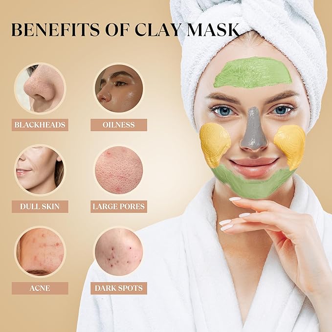 THESKCARE 3 PCS Clay Mask Set, Turmeric Vitamin C Clay Mask, Dead Sea Mud Mask, Green Tea Mask, Facial Mask for Oil Control, Deep Cleaning, and Radiant Skin, 240g, 2.82 OZ each