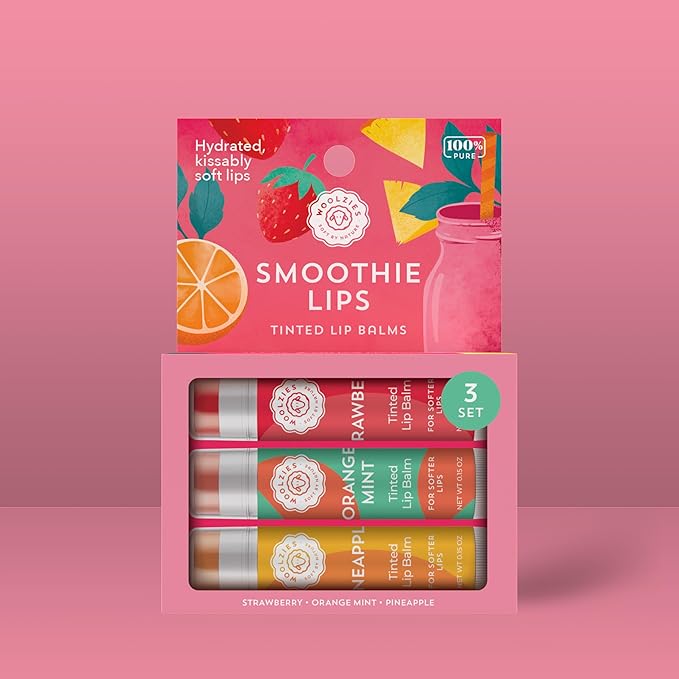 Tinted Lip Balm Set: All-Natural Shea Butter, Beeswax, Coconut Oil, Vitamin E Infused Lip Moisturizer Care Treatment (3 Pack, Smoothie Lips)