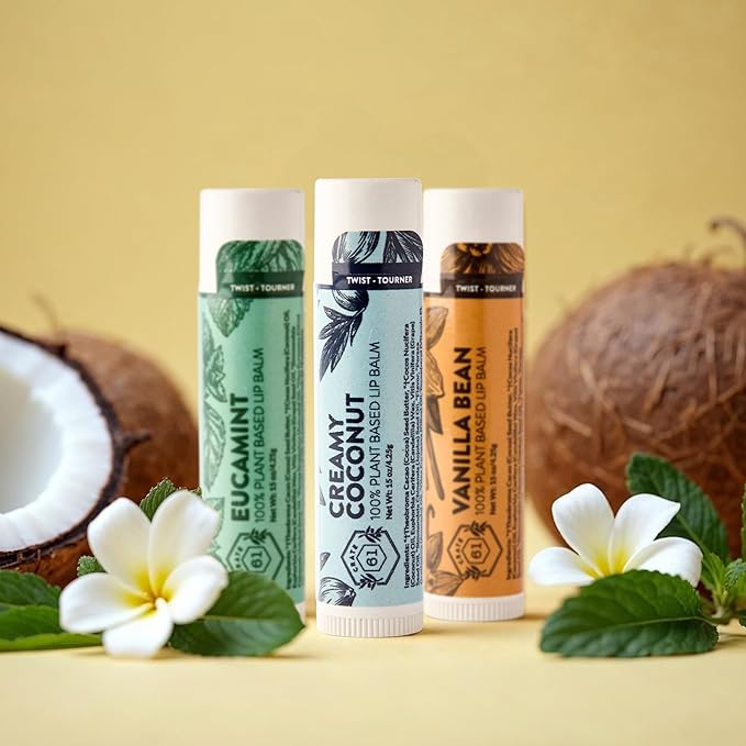 Crate 61 Lip Balm 3-Pack with USDA Organic ingredients Flavored with Premium Essential Oils and Organic Flavors, for Men and Women (3 Pack, Medley)