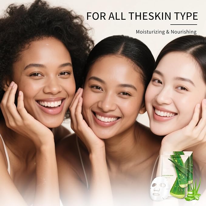 Aloe Vera Face Masks Sheet for Women,Moisturizes Facial Masks Oil Control,Hydrates, Soothes,Home Spa Facial Sheet Mask For All The Skin（12Pack）