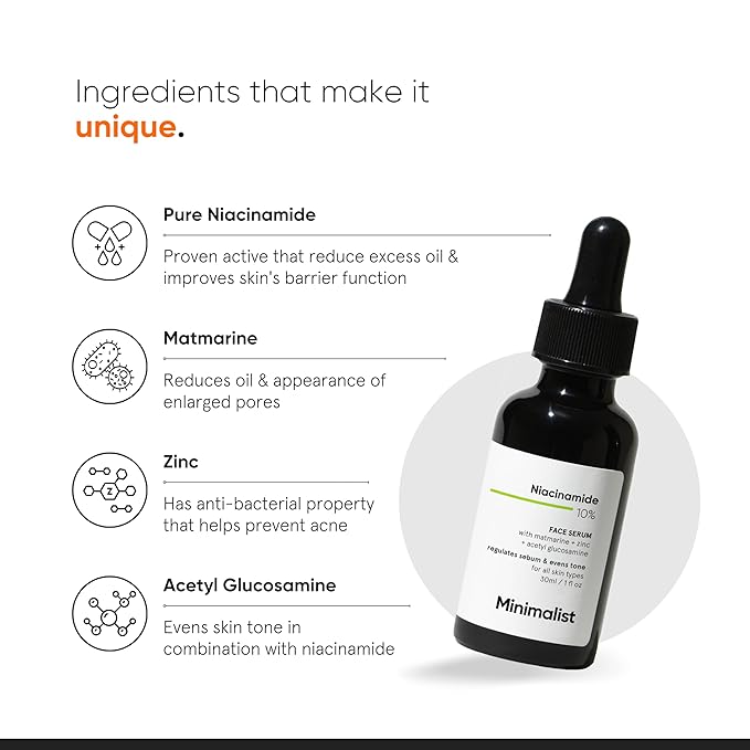 Minimalist Niacinamide 10% + 1% Zinc Face Serum | Reduces Pores, Acne Marks & Oil | Reduces Blemishes for Even Skin Tone | For Women & Men | 1 Fl Oz / 30 ml