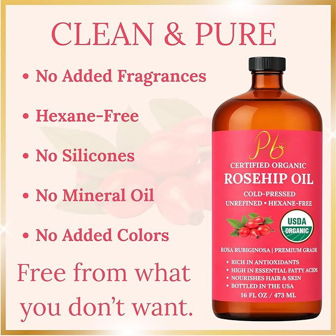 Rosehip Oil – USDA Organic 100% Pure, Cold-Pressed & Unrefined, Rosehip Oil for Face, Skin & Hair– Helps Reduce the Appearance of Fine Lines & Wrinkles – Rose Hip Seed Oil16 fl oz Glass Bottle