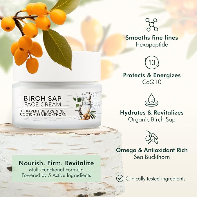 Birch Sap Face Cream – Peptides, CoQ10, Arginine and sea buckthorn; fragrance-free; made in Finland - COSMOS Organic Certified sensitive-skin formula 50 ml (1.69 oz)