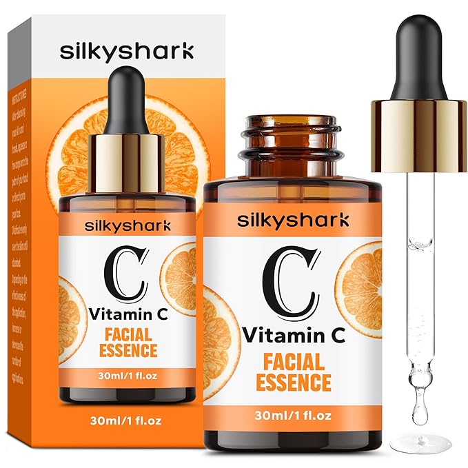 SilkyShark Vitamin C Serum (1 Fl, Oz), Antiaging Facial Essence & Eye Serum with Vitamin C, Hyaluronic Acid, Vitamin E Serums, Radiance Serums, Boosts Skin Collagen