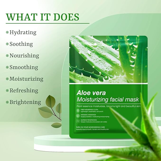 Aloe Vera Face Masks Skincare Soothing & Hydrating Face Masks Aloe Face Mask for Dry, Oily, Sensitive Skin, Aloe Sheet Masks for Sunburn Relief and After Sun Care, 10 Pack, Valentine's Day Gift