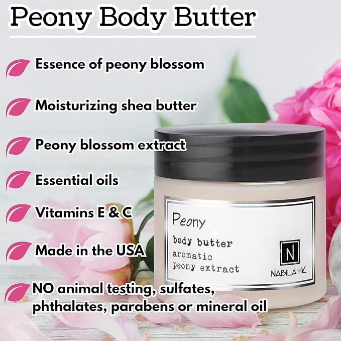 Nabila K Body Butter - Daily Moisturizer for Body Care - Skin Hydrating Deep Moisturizing - Natural Ingredients - Peony - 9 oz