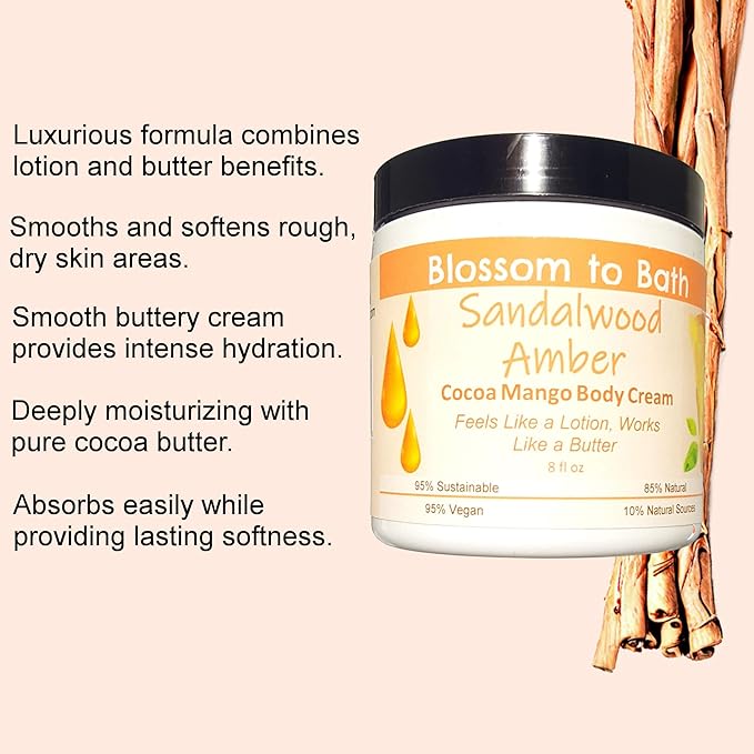 Blossom to Bath Sandalwood Amber Cocoa Mango Body Cream (8 Ounce) - Phthalate Free Fragrance - Feels Like A Lotion And Works Like A Butter with a Woodsy Warm Scent