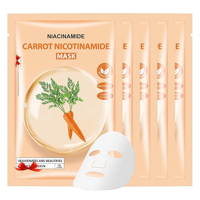 Face Masks Skincare, Pack of 5 Sheet Masks, Hydrating Facial Mask for All Skin Types, Long-lasting Moisturizing, Soothing, Even Skin Tone, Carrot