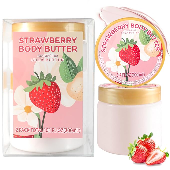 Strawberry Body Butter, Natural Shea Body Butter for Dry Skin, Womens and Mens Body Care, Body Care for Deep Moisturizing and Hydrating-3.4 floz+6.8 floz