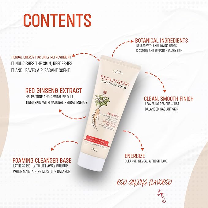 esfolio Red Ginseng Cleansing Foam – Korean Skincare Face Wash with Herbal Extracts – Creamy Daily Cleanser for All Skin Types – Refreshing Foaming Formula – (5.29oz - 150ml)