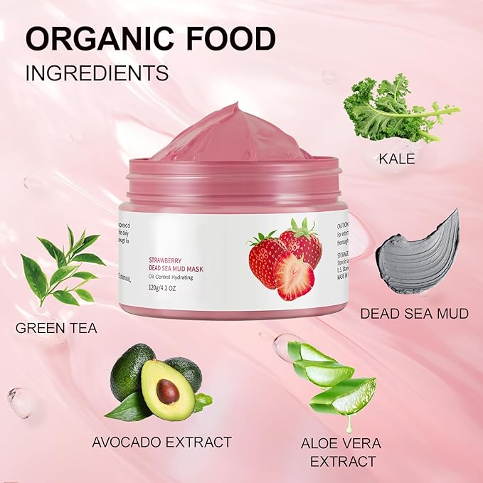Clay Mud Face Mask for Women,Strawberry Dead Sea Mud Facial Mask Skincare,Deeping Cleansing,Oil Control,Hydrating Face Cleaning Clay Masks for All Skin Types (4.2OZ)