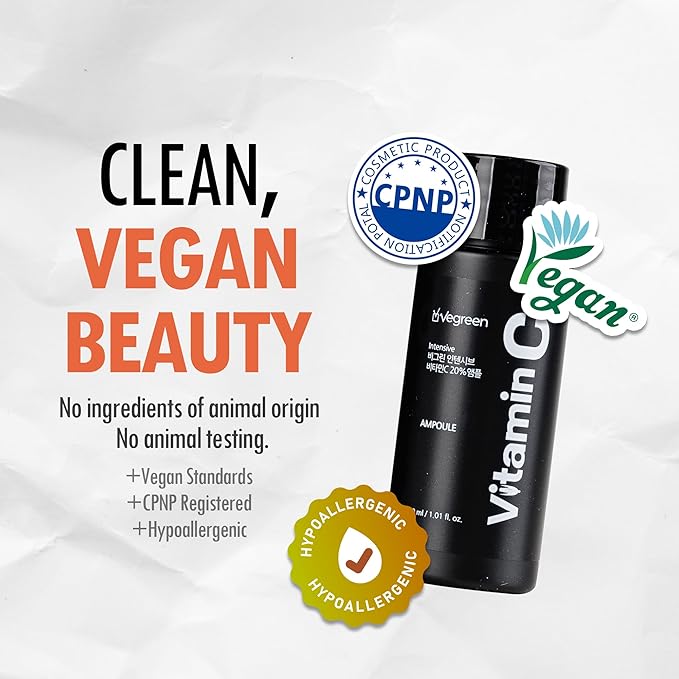 VEGREEN 20% Pure Vitamin C Ampoule for Face - Waterless Pure L-Ascorbic Acid & Chamomile for Sensitive Skin, Dark Spot Corrector, Brightening & Anti-Aging Korean Glass Skin Essence, 1.01 fl oz
