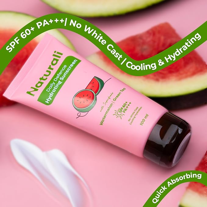 Naturali Daily Defence Sunscreen | SPF 60+ PA+++ UVA/UVB Protection | No White Cast | Cooling & Hydrating | Blends Easily | Non-sticky | Non-greasy | Watermelon & Green Tea Sunscreen | 100ml