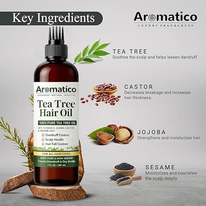 Aromatico Tea Tree Hair Oil with Vitamin E, Jojoba, Castor & Sesame Oils – Lightweight Scalp & Hair Care Oil for Dry Scalp, Shine & Smooth-Looking Hair – Non-Greasy Formula, 200 ml / 7 fl oz