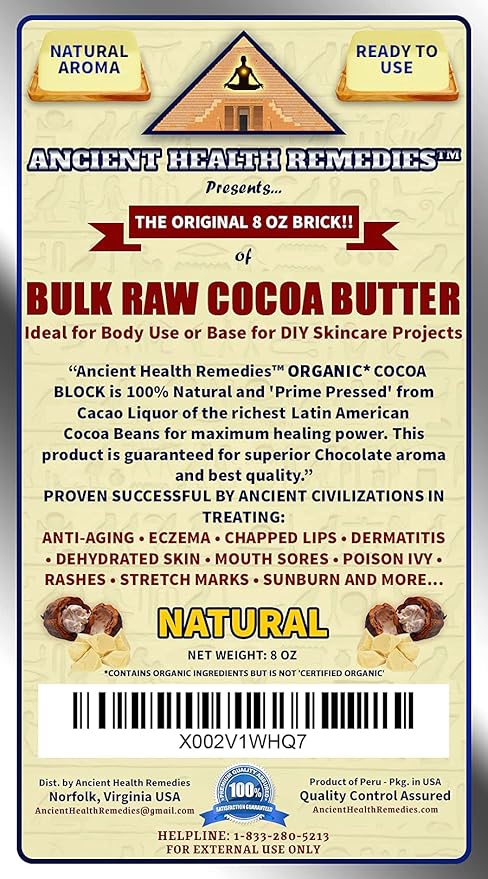 ANCIENT HEALTH REMEDIES Organic Unrefined Raw NATURAL COCOA (CACAO) BUTTER BLOCKS Bulk Size Rich Chocolate Aroma For Lip Balms Stretch Marks DIY Base for Body Butter (8oz)