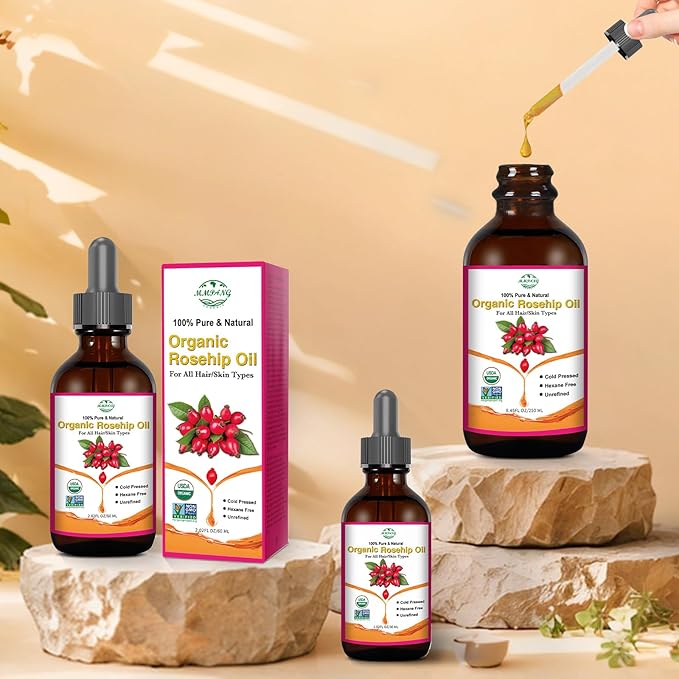 Organic Rosehip Oil for Face & Skin – USDA Certified, Cold Pressed, Unrefined Rose Hip Seed Oil for Anti-Aging, Scars, Moisturizing, Hair, Nails & Gua Sha Massage, 2 fl oz (60 ml)